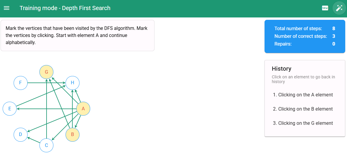 Training mode - interactive visualization of DFS algorithm